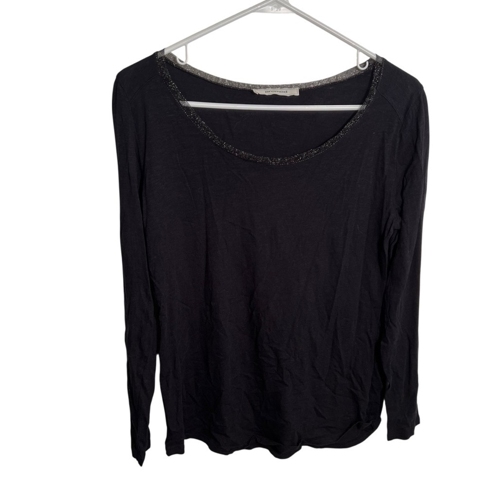 Promod Women's Long Sleeve T-Shirt Black Metallic Mesh Trim Stretch Thin